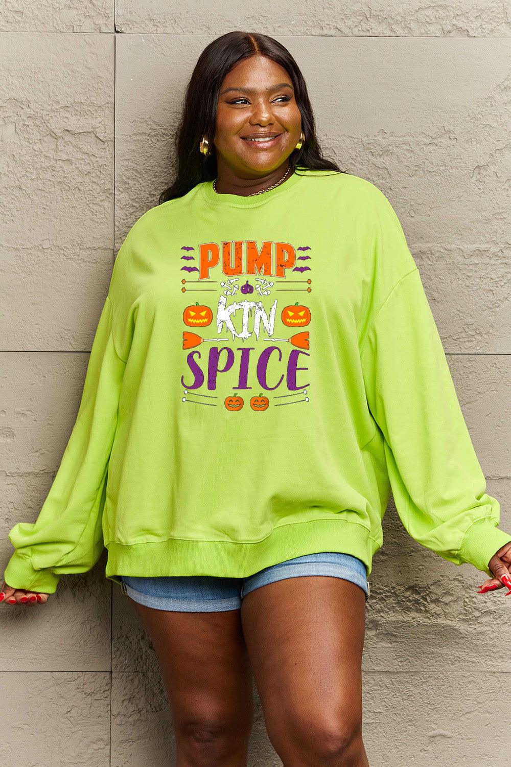 Get trendy with Simply Love Full Size PUMPKIN SPICE Graphic Sweatshirt - Halloween Clothes available at Styles Code. Grab yours today!