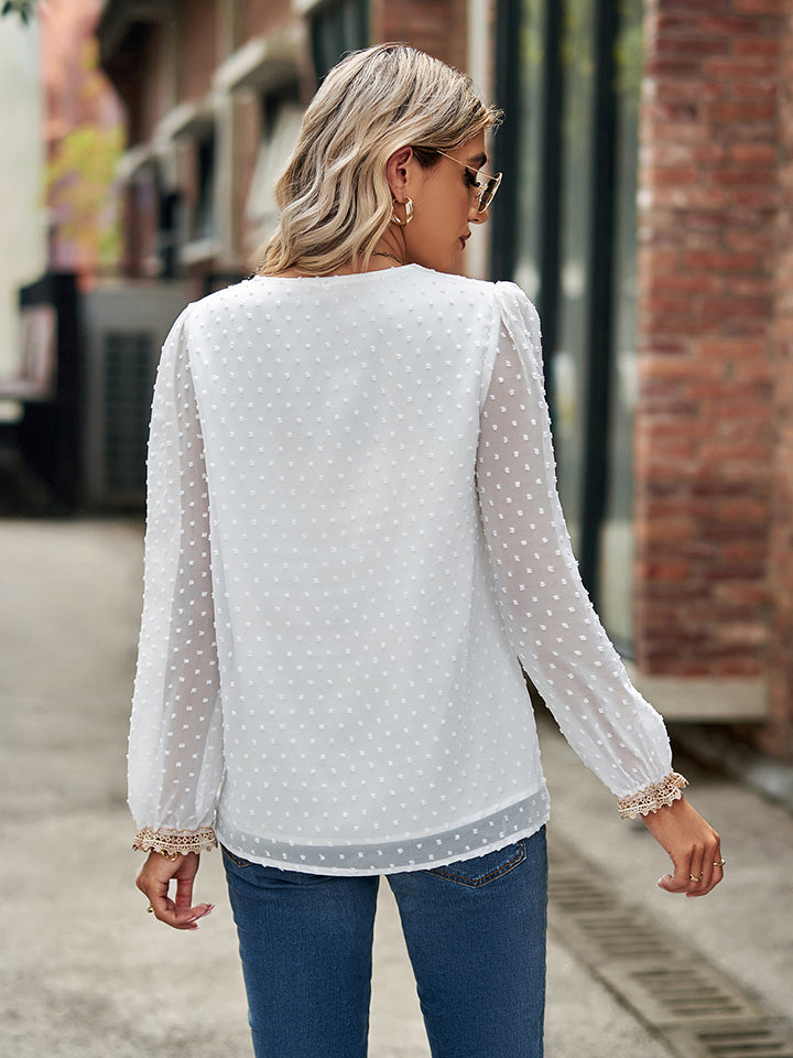 Get trendy with Swiss Dot V-Neck Long Sleeve Blouse - Tops available at Styles Code. Grab yours today!