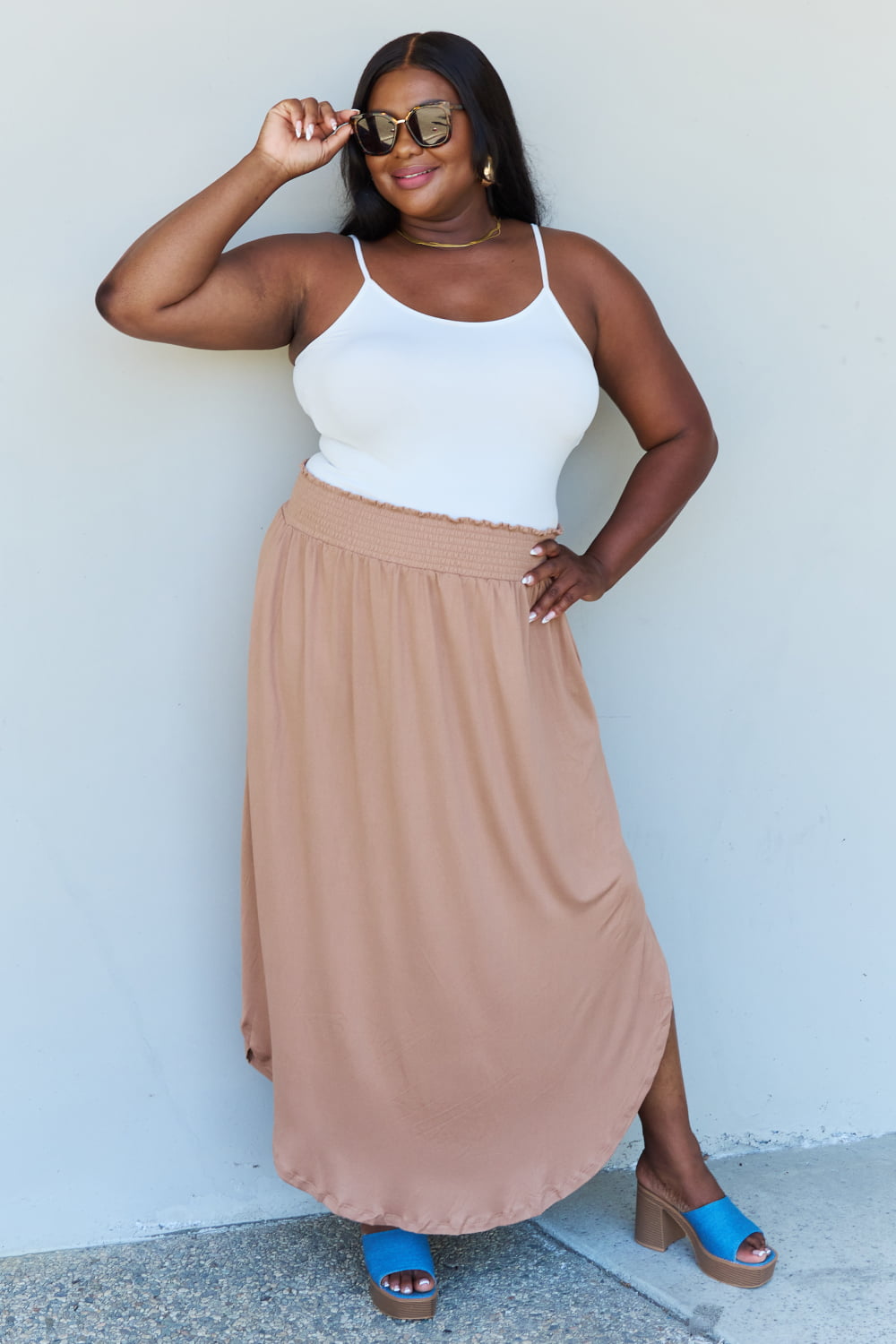 Get trendy with Doublju Comfort Princess Full Size High Waist Scoop Hem Maxi Skirt in Tan -  available at Styles Code. Grab yours today!