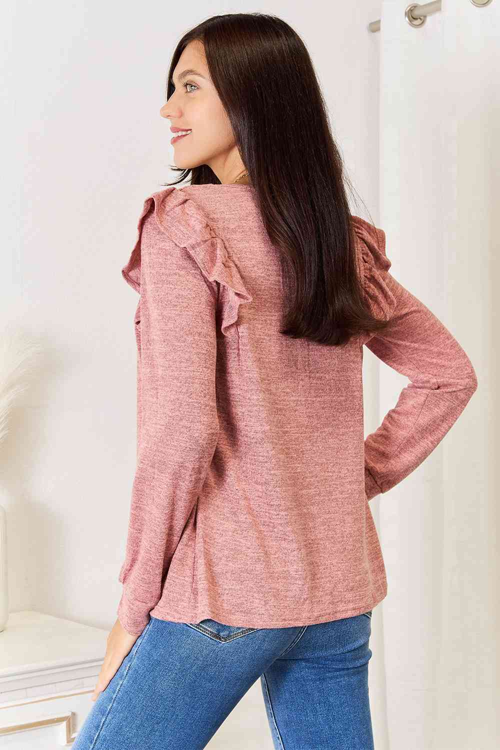 Get trendy with Square Neck Ruffle Shoulder T-Shirt - T-Shirt available at Styles Code. Grab yours today!