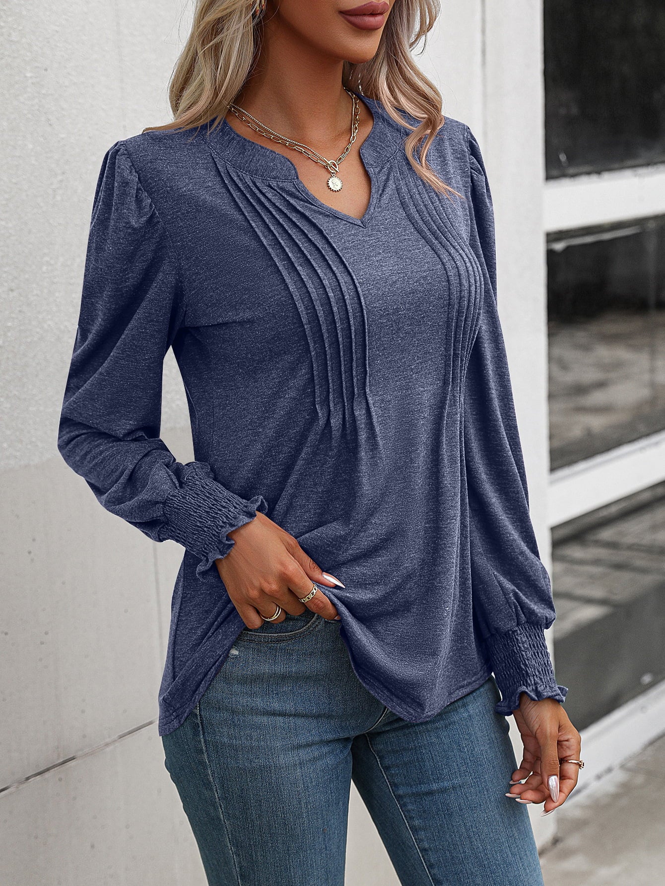 Get trendy with Notched Neck Puff Sleeve Blouse - Tops available at Styles Code. Grab yours today!