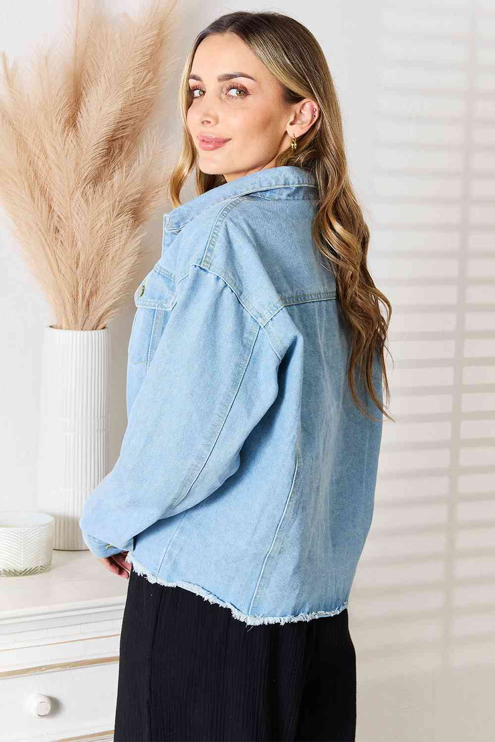 Get trendy with Double Take Dropped Shoulder Raw Hem Denim Jacket - Jacket available at Styles Code. Grab yours today!