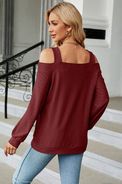 Get trendy with Cold Shoulder Square Neck Cutout Blouse - Tops available at Styles Code. Grab yours today!